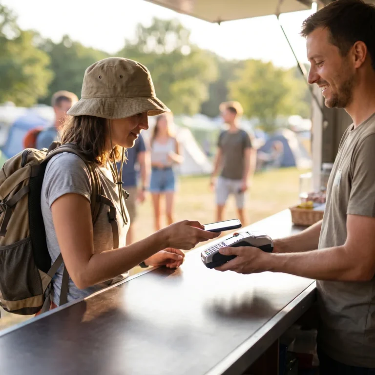 Client payant sans contact au comptoir d'un snack de camping