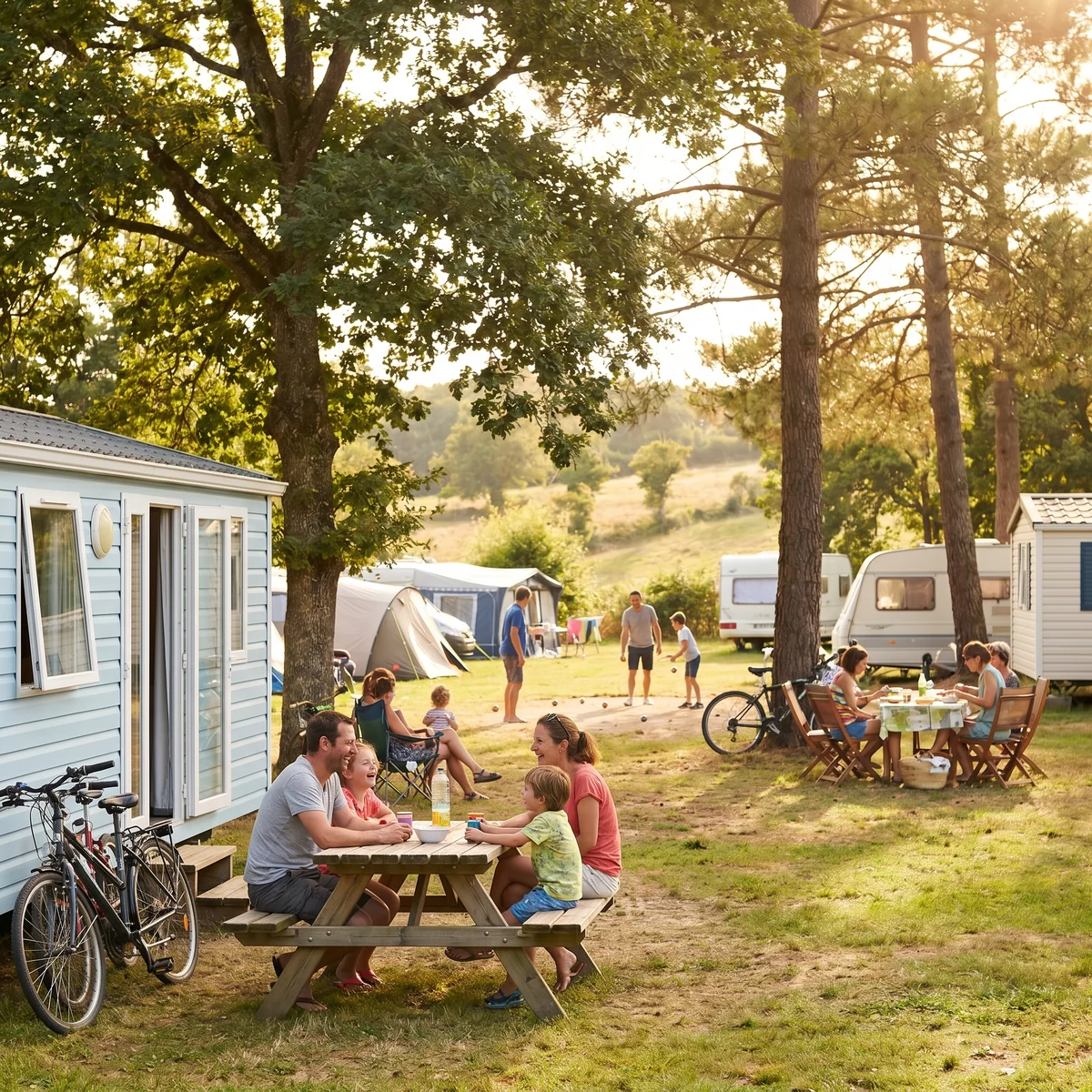 Camping ensoleillé avec mobil-homes et familles en vacances