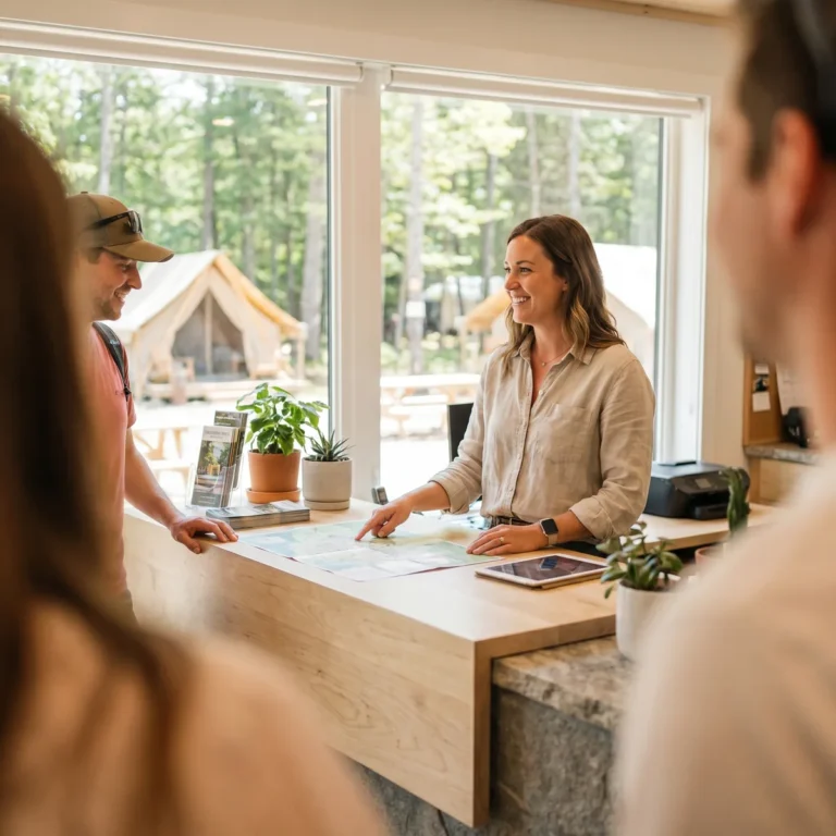 Accueil de camping moderne avec un gestionnaire souriant