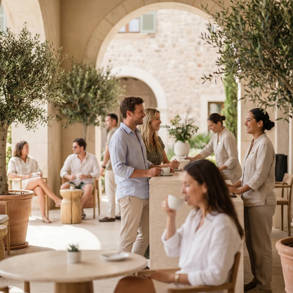 Réception d'hôtel chaleureuse avec des clients