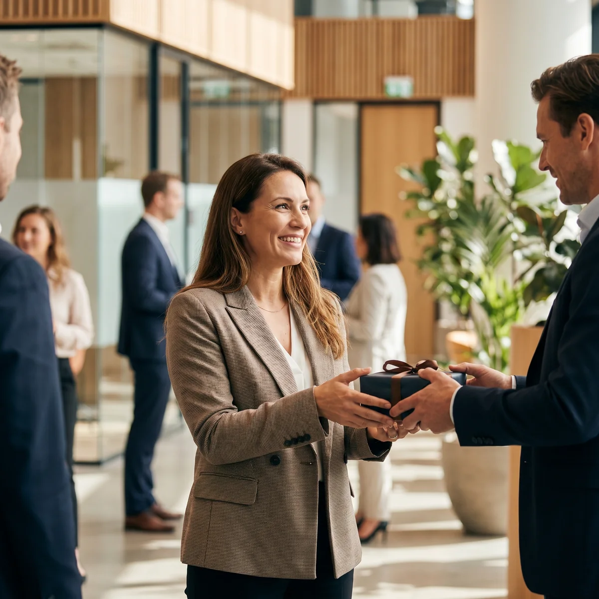 Remise d'un cadeau d'entreprise dans un bureau moderne