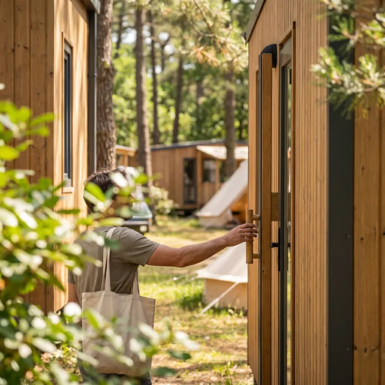 Personne ouvrant la porte d'un chalet dans un camping
