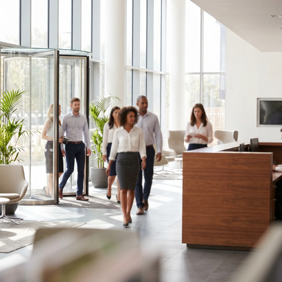 Entrée de bureaux moderne avec des professionnels