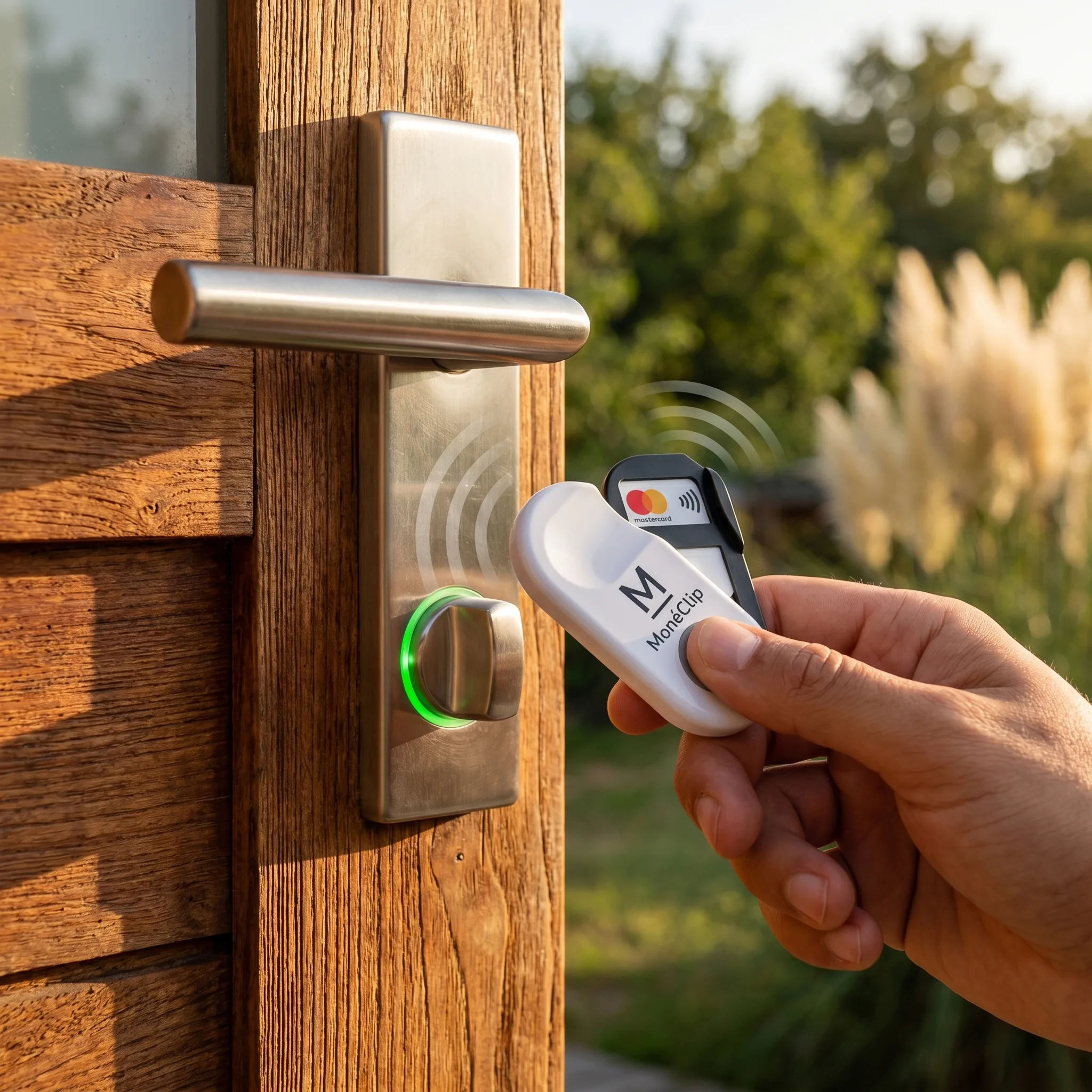Porte-clé MonéClip ouvrant une serrure connectée sur une porte de bungalow de camping