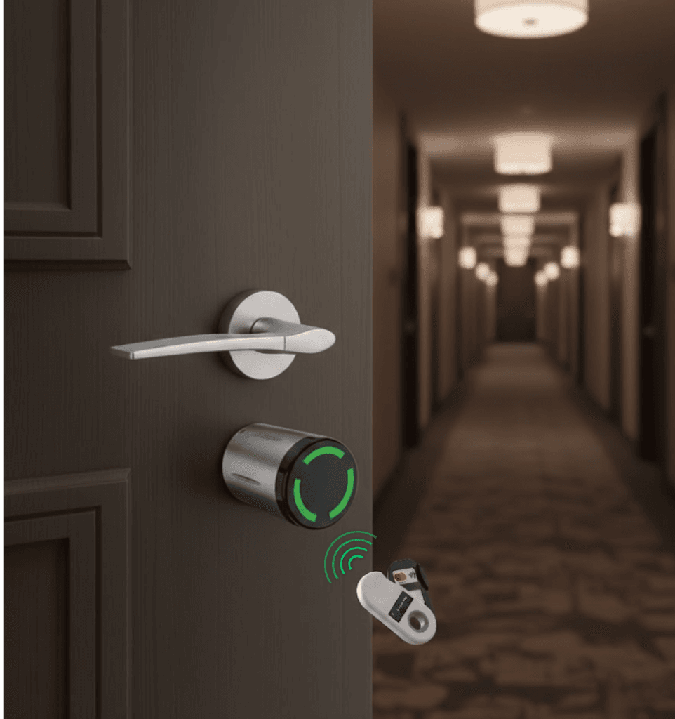 Serrure connectée MonéKey et MonéClip dans un couloir d'hôtel